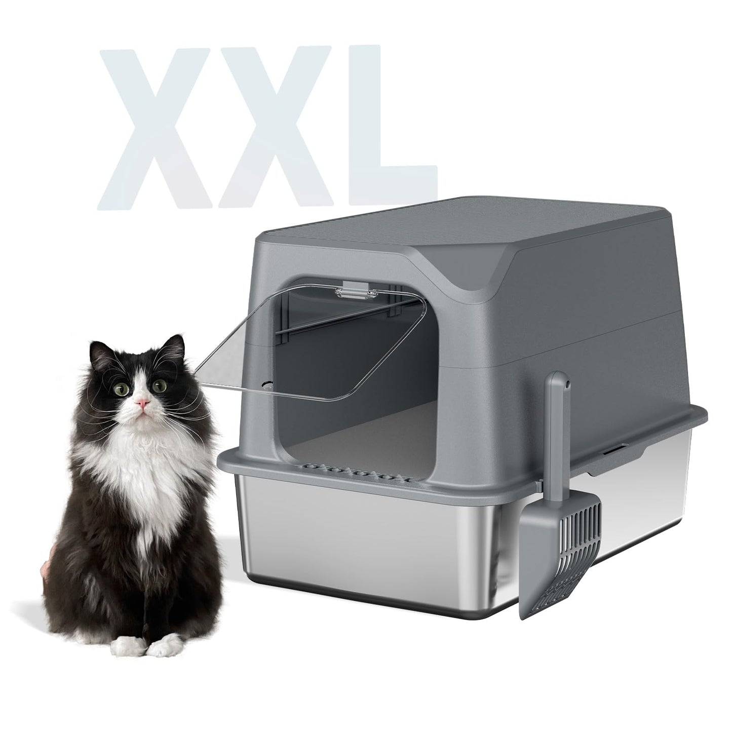 Stainless Steel High-Sided Cat Litter Box with Lid