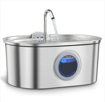 Stainless steel water dispenser with digital display on a white background