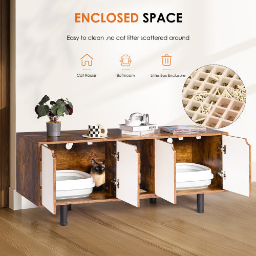 Double Hidden Cat Litter Box Enclosure Cabinet